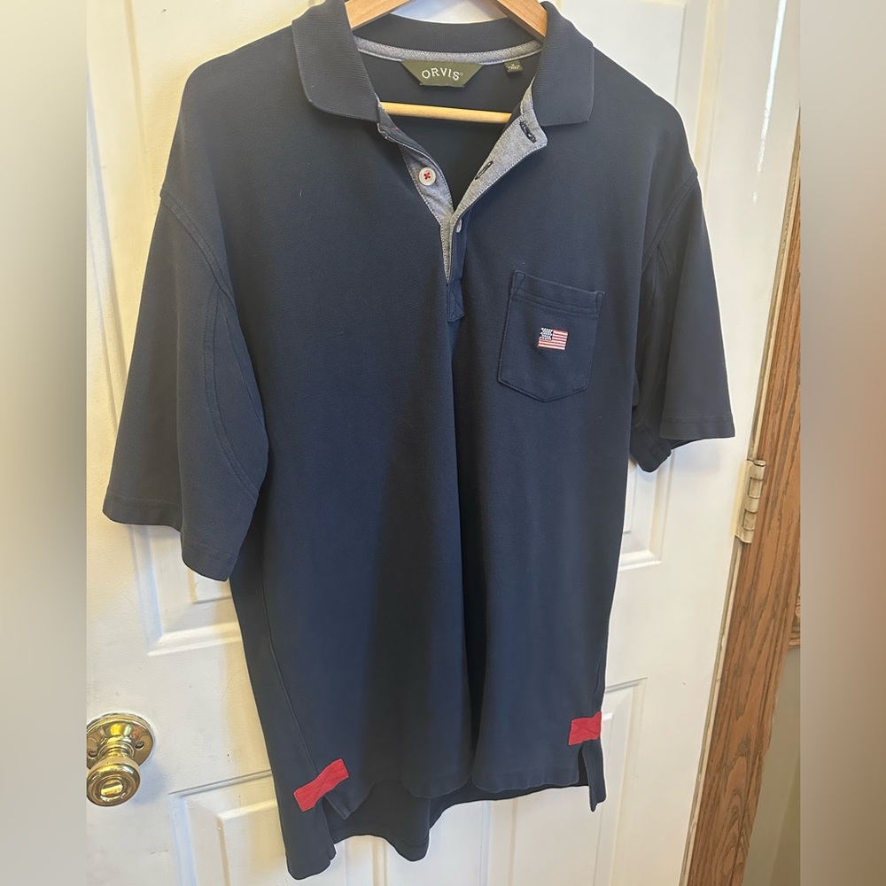 Men’s Orvis Medium Blue Short Sleeve Polo Shirt American Flag Embroidered